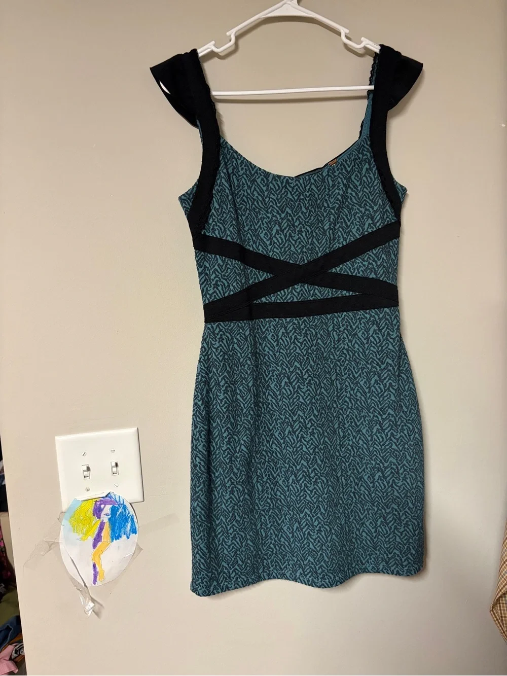 Teal Patterned Fit-and-Flare Dress with Black Accent